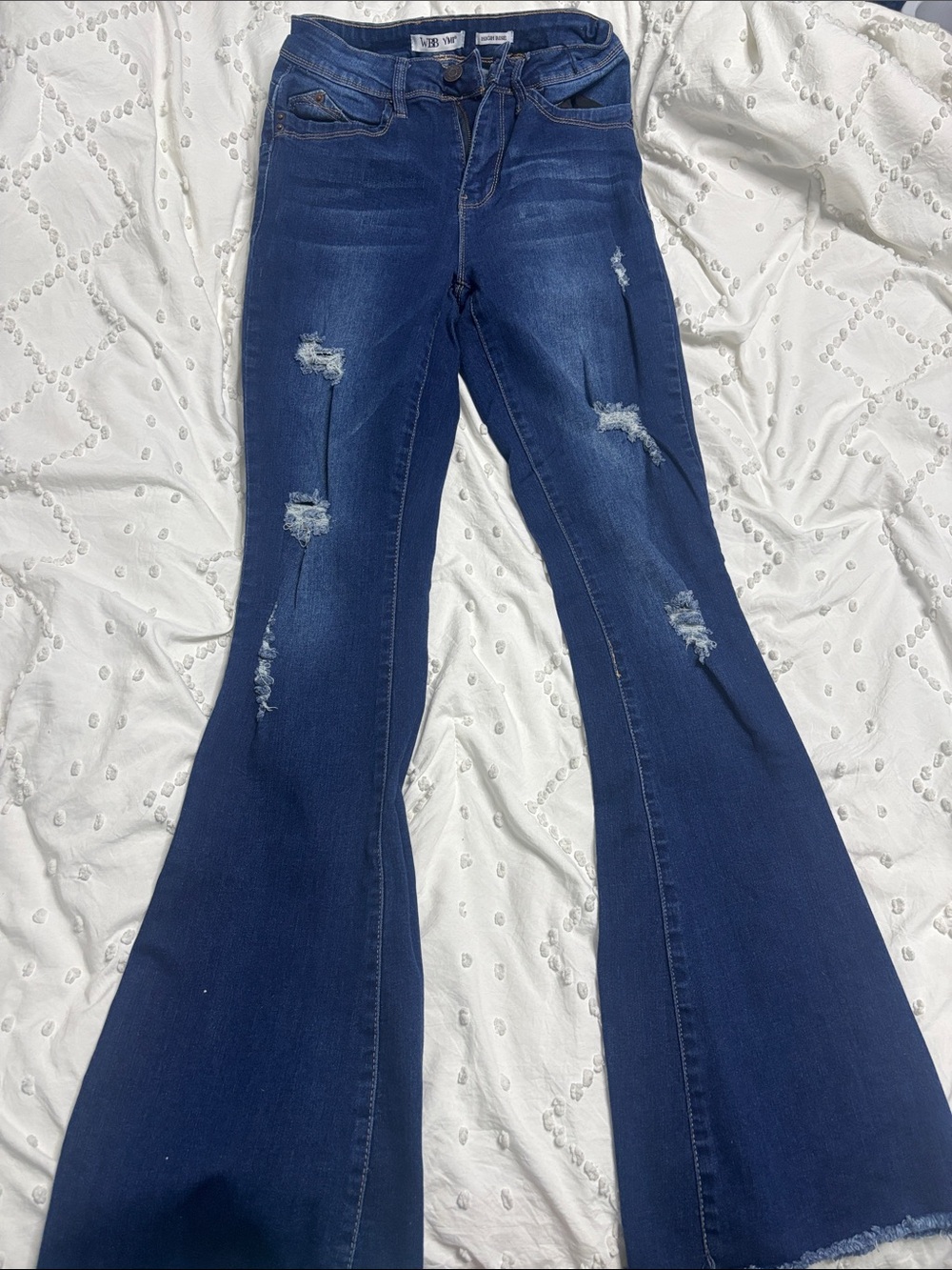 Dark Blue Women's YMI Frayed-Hem Boot Cut High Rise Jeans - Picture 2 of 4